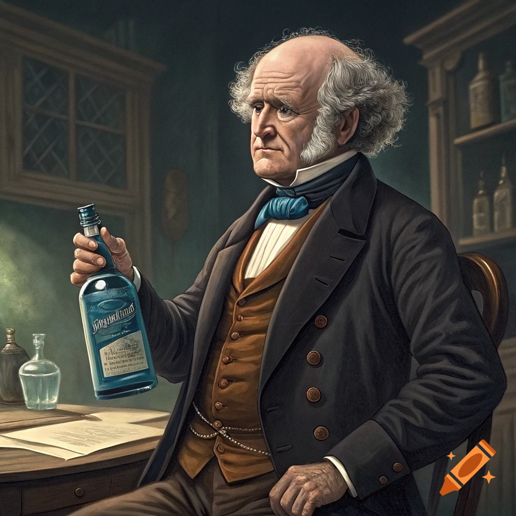 Portrait of a man resembling Martin Van Buren, in historical attire, holding a blue bottle.