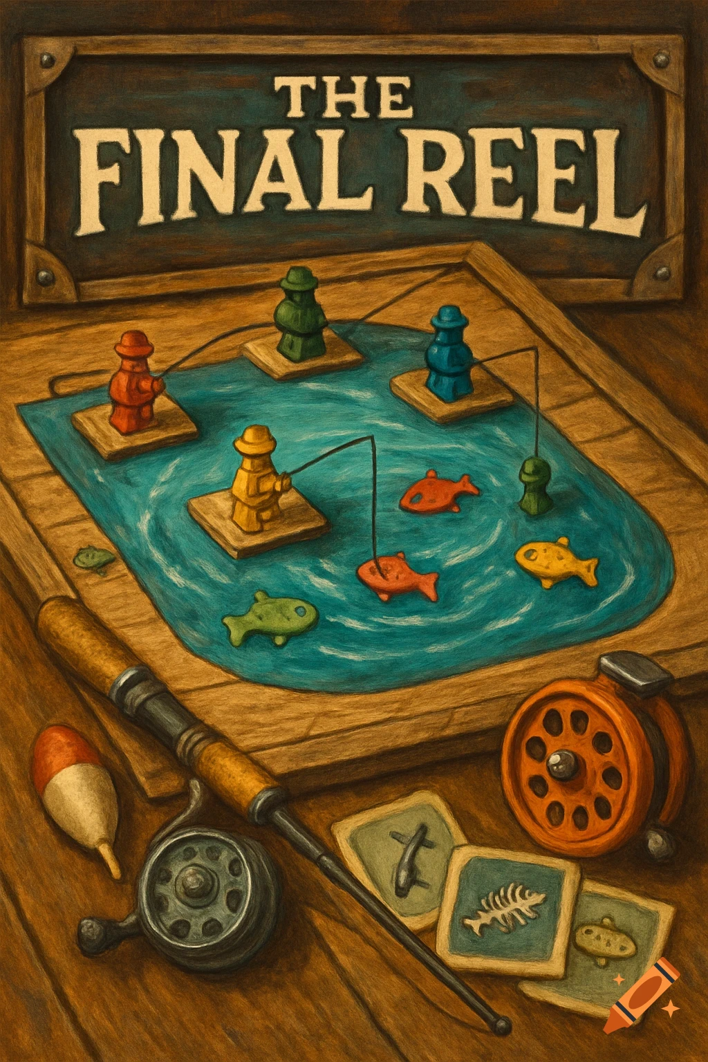 Stylized illustration of 'The Final Reel' fishing board game with pieces, rod, and reel on a wooden table.