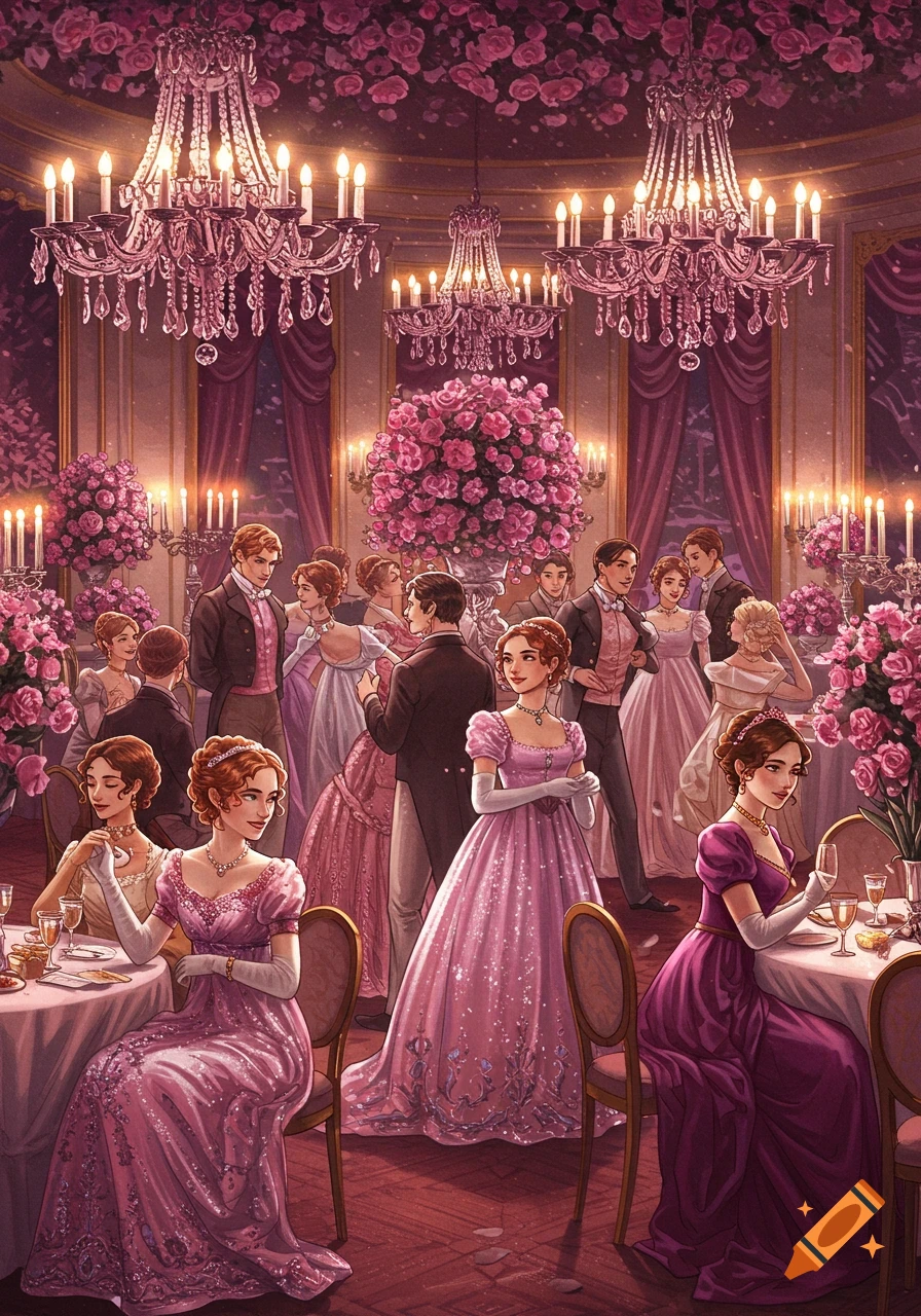 A grand ballroom with people in historical attire, chandeliers, and abundant pink flowers.