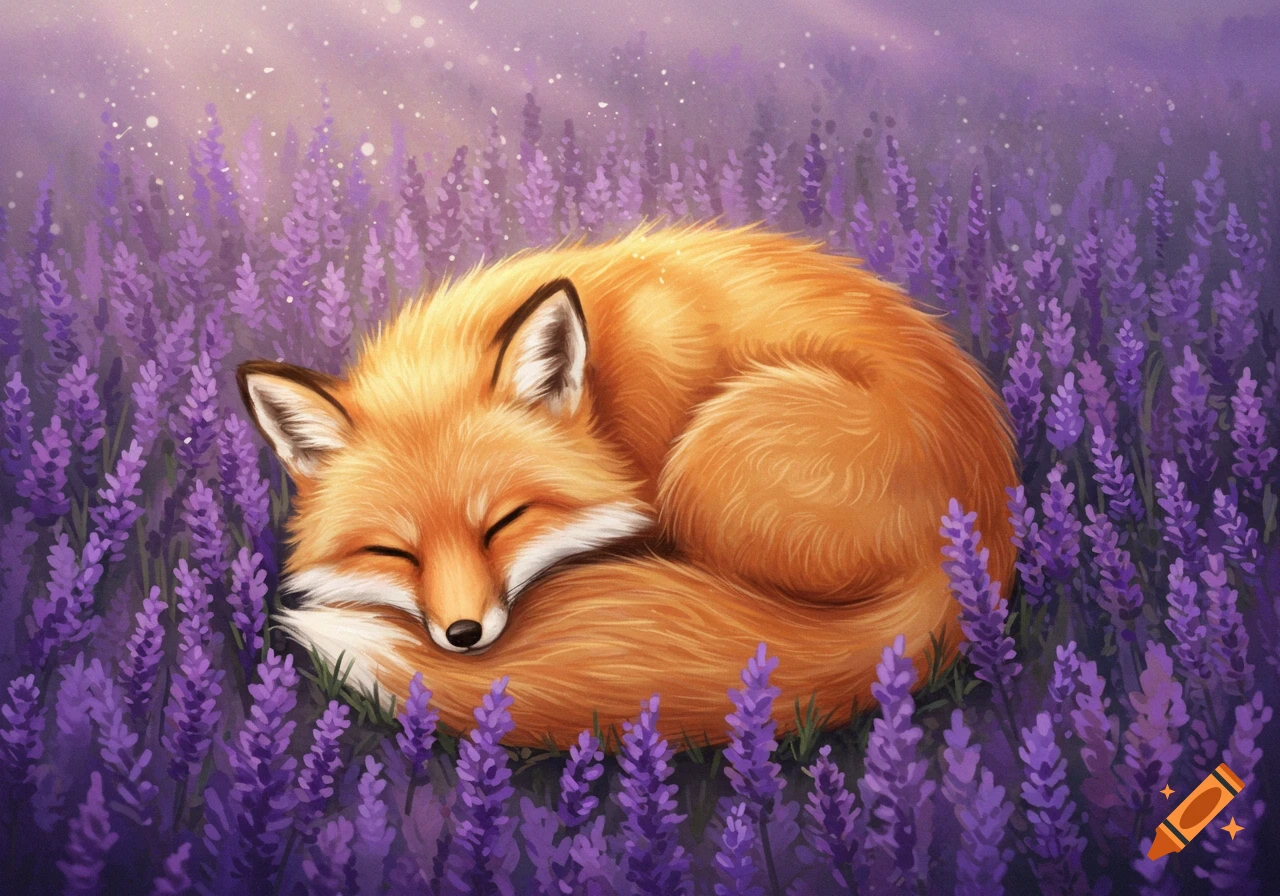 A cute orange fox sleeping curled up in a field of purple lavender flowers. Illustration.