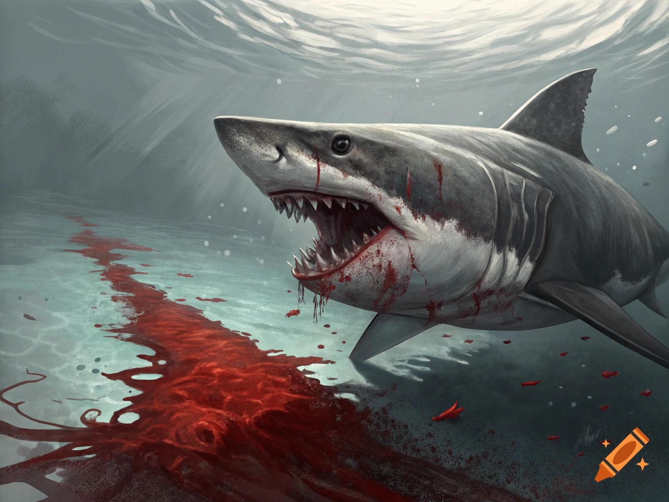 A bloody shark swims underwater, leaving a trail of blood. Illustration.