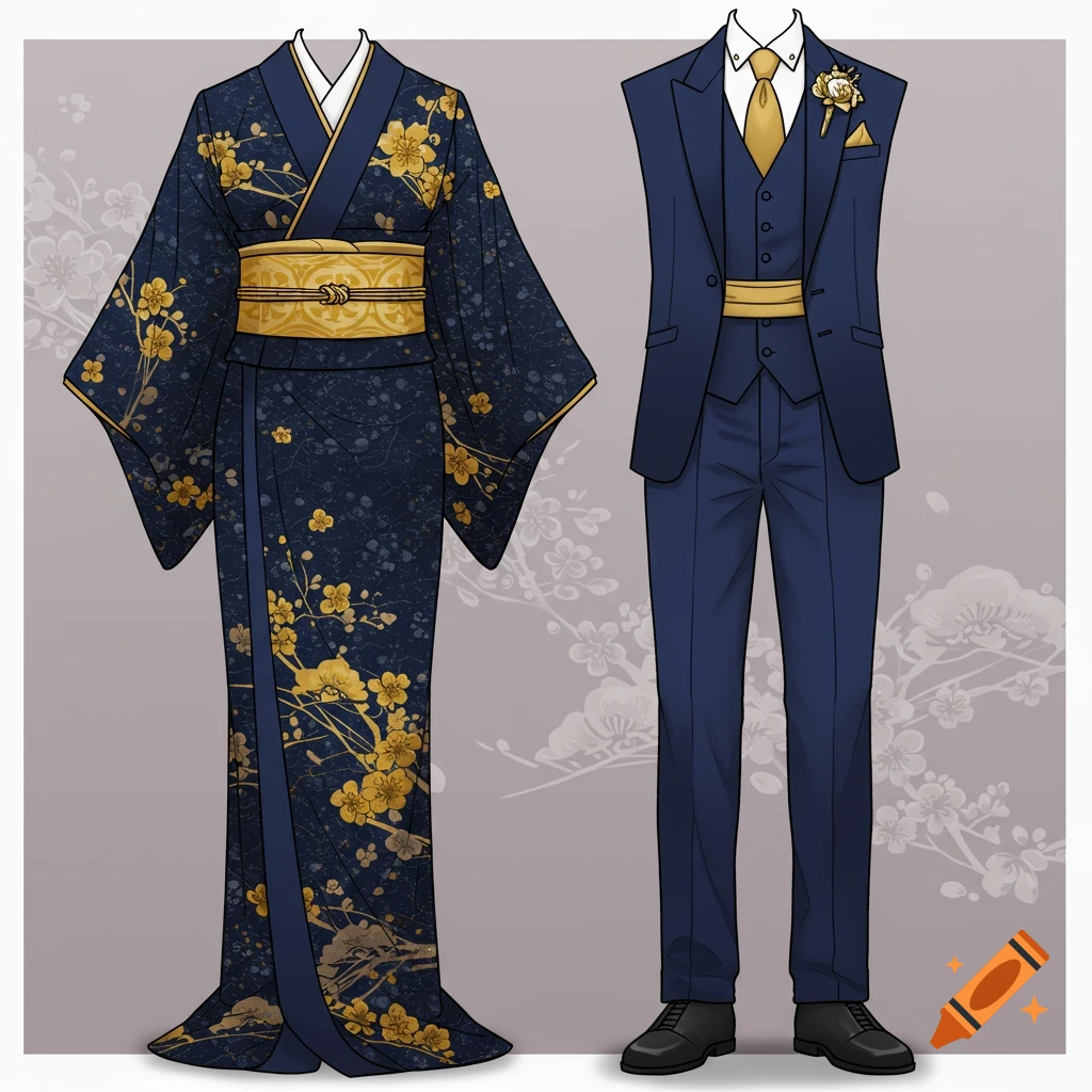 A navy blue kimono with gold floral patterns next to a navy blue suit with a gold tie.