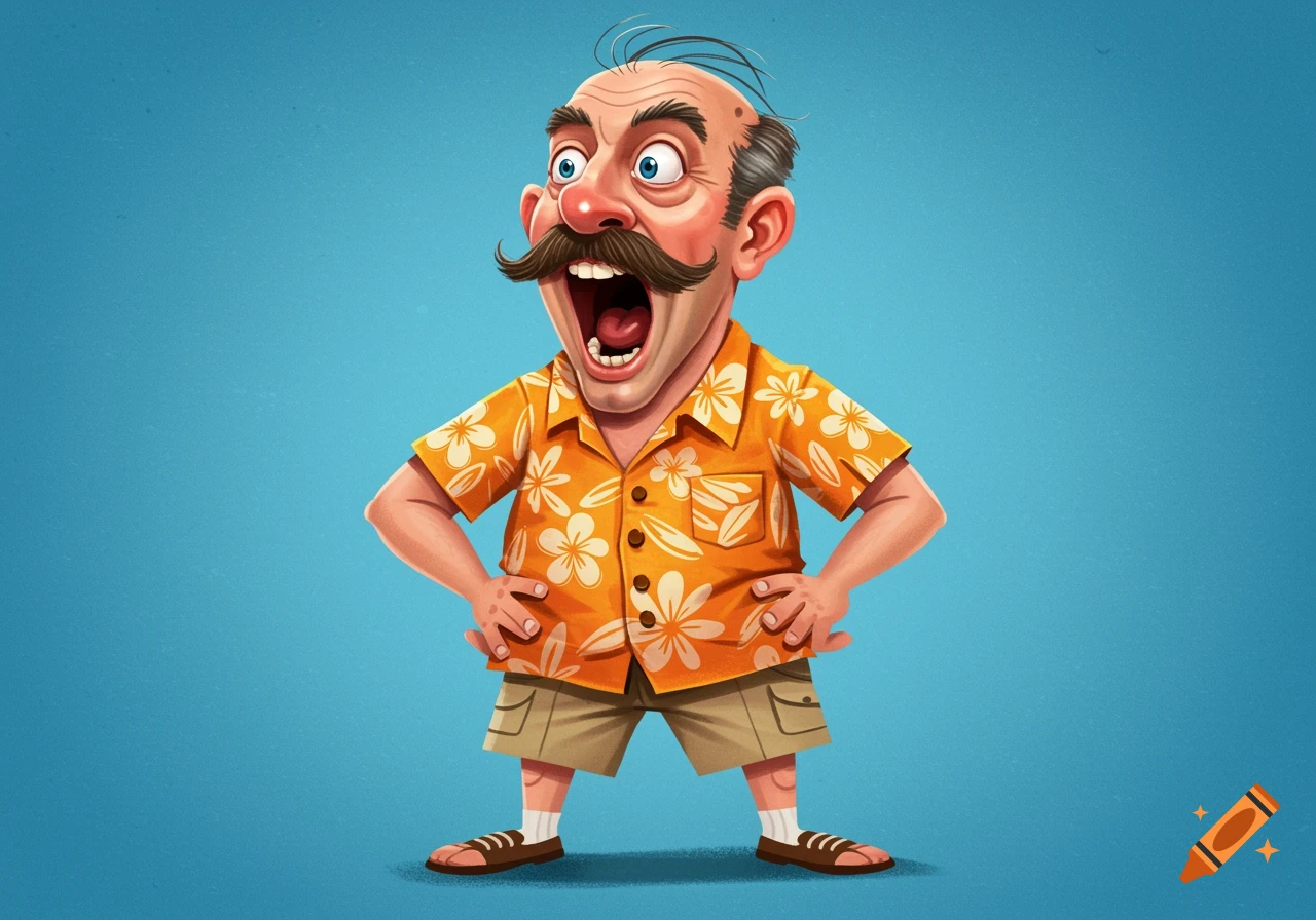A cartoon illustration of a man with a mustache wearing a Hawaiian shirt and shorts, yelling with his mouth wide open.
