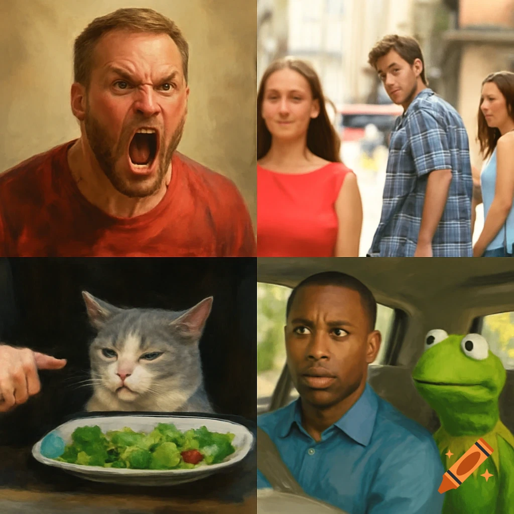 Four-panel collage depicting various internet meme formats including an angry man, distracted boyfriend, cat and salad, and driver with Kermit.