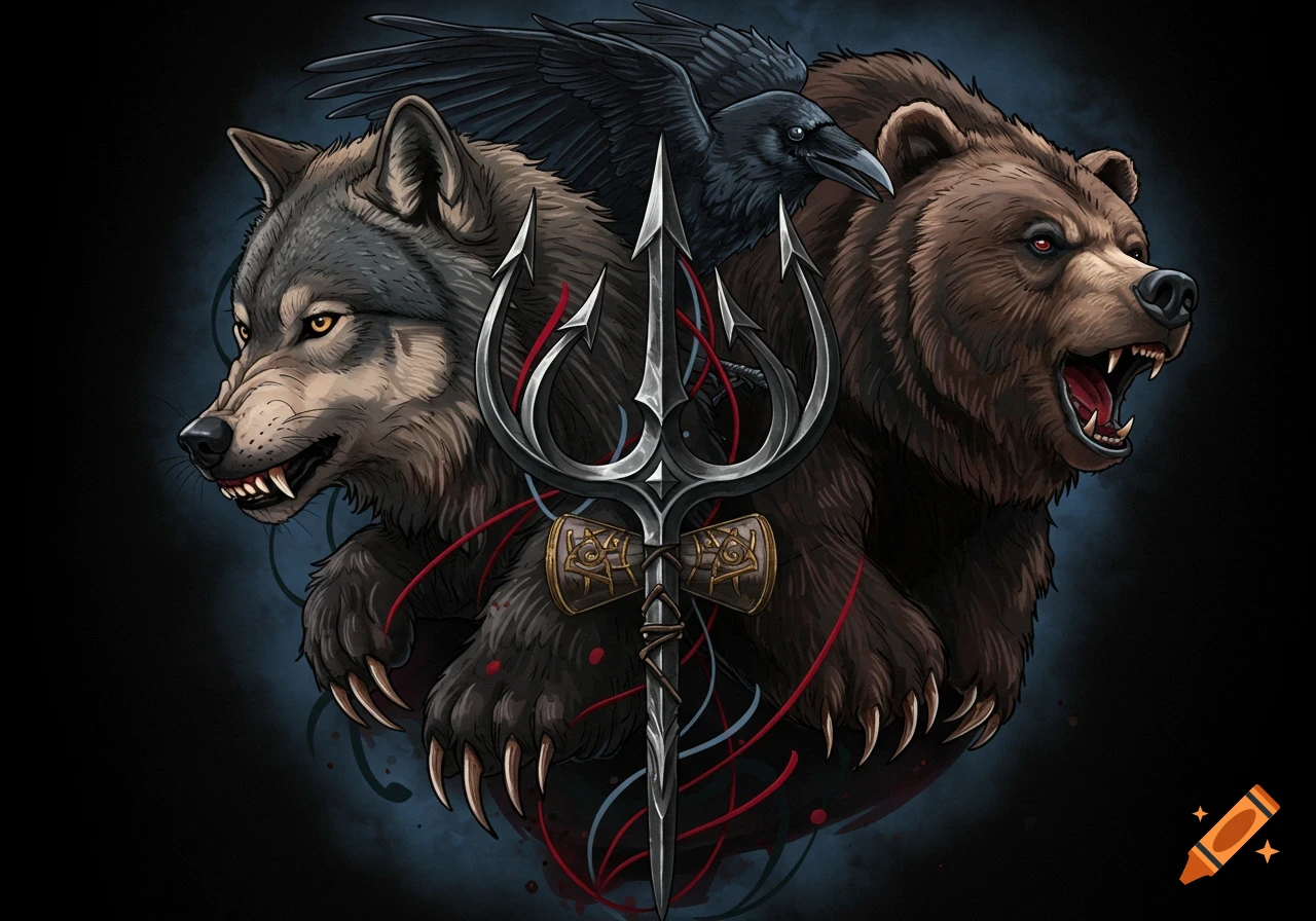 Stylized illustration of a wolf, bear, and raven with a trident. on Craiyon