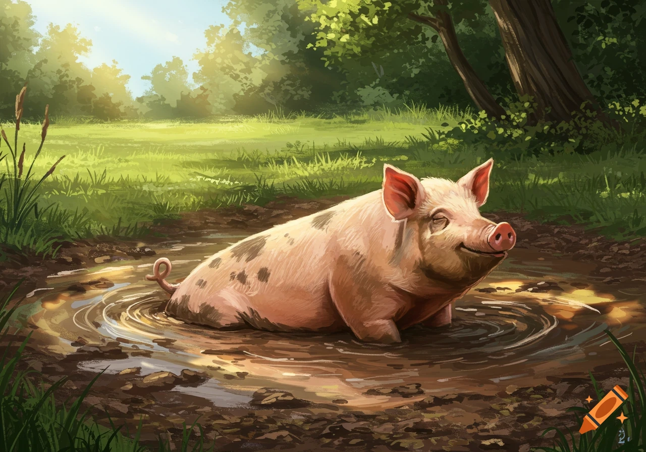 A happy pig sits in a muddy puddle in a sunny field.