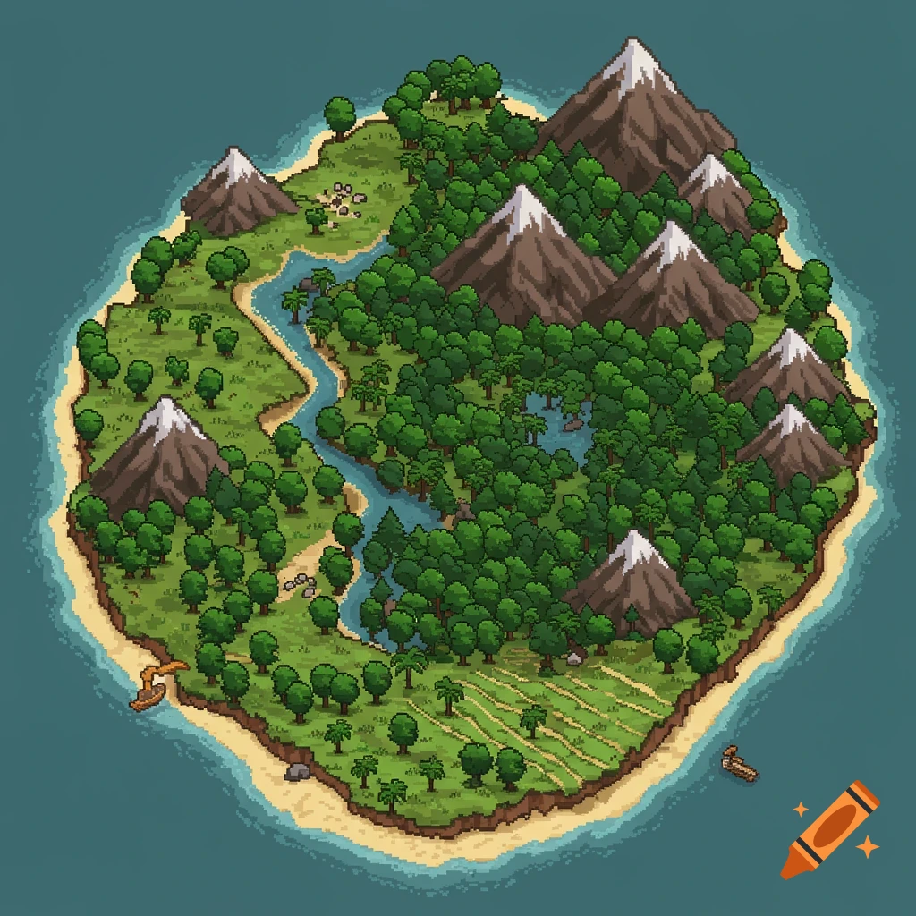 Pixel art view of an island with mountains, forests, river, plains, and shores.