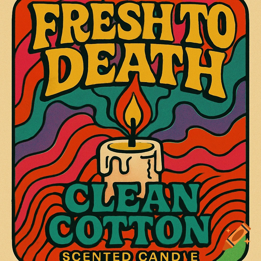 Retro trippy label for a candle with text Fresh to Death Clean Cotton Scented Candle
