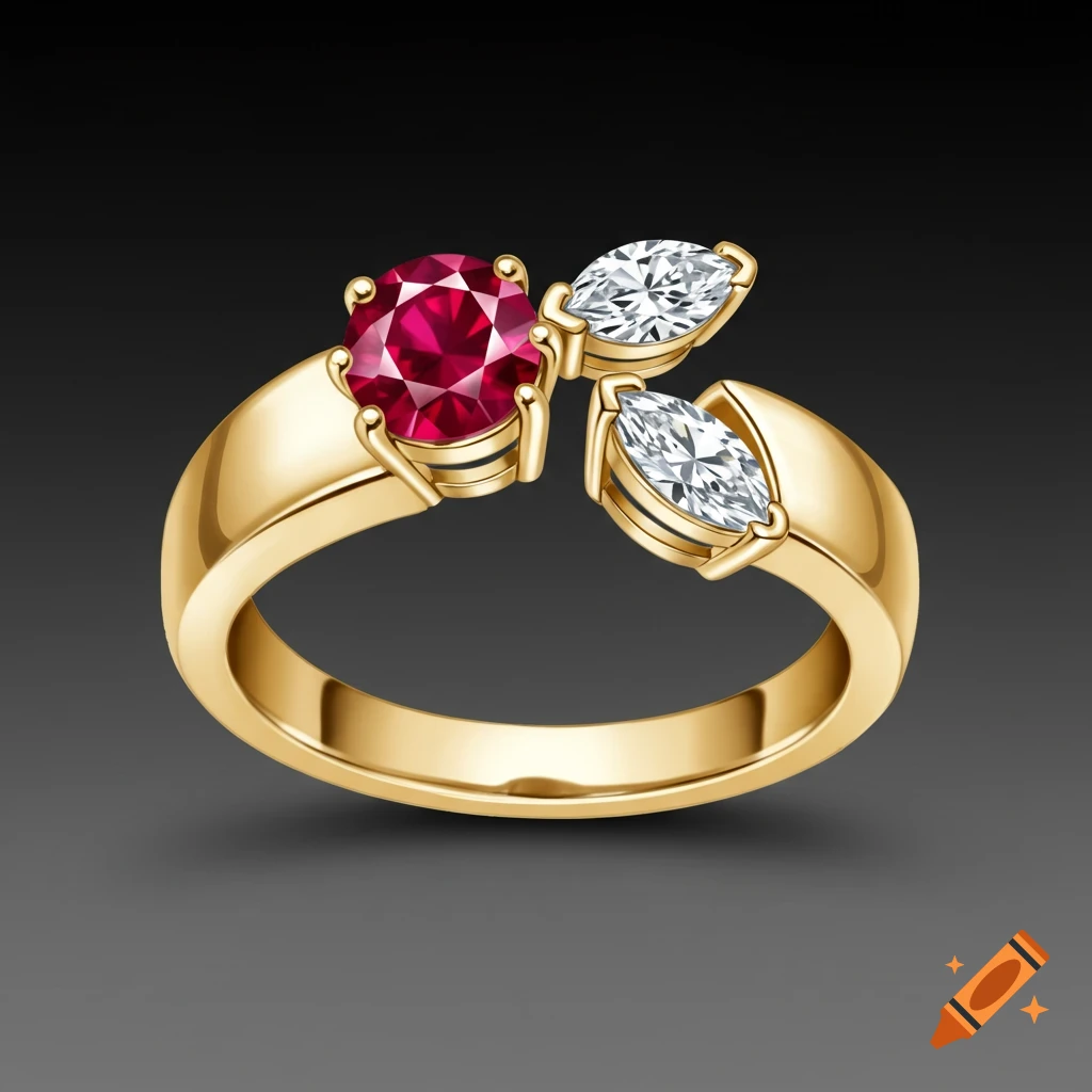 A gold ring with a large round red ruby and two marquise-cut diamonds on a black background.