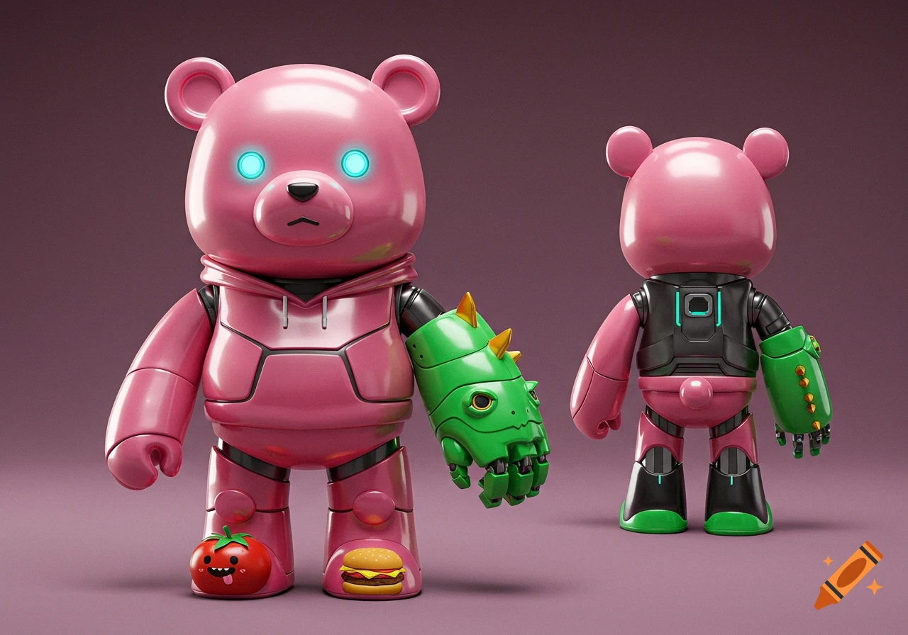 Two pink robotic bears, one with a green dinosaur arm and food images on its feet.