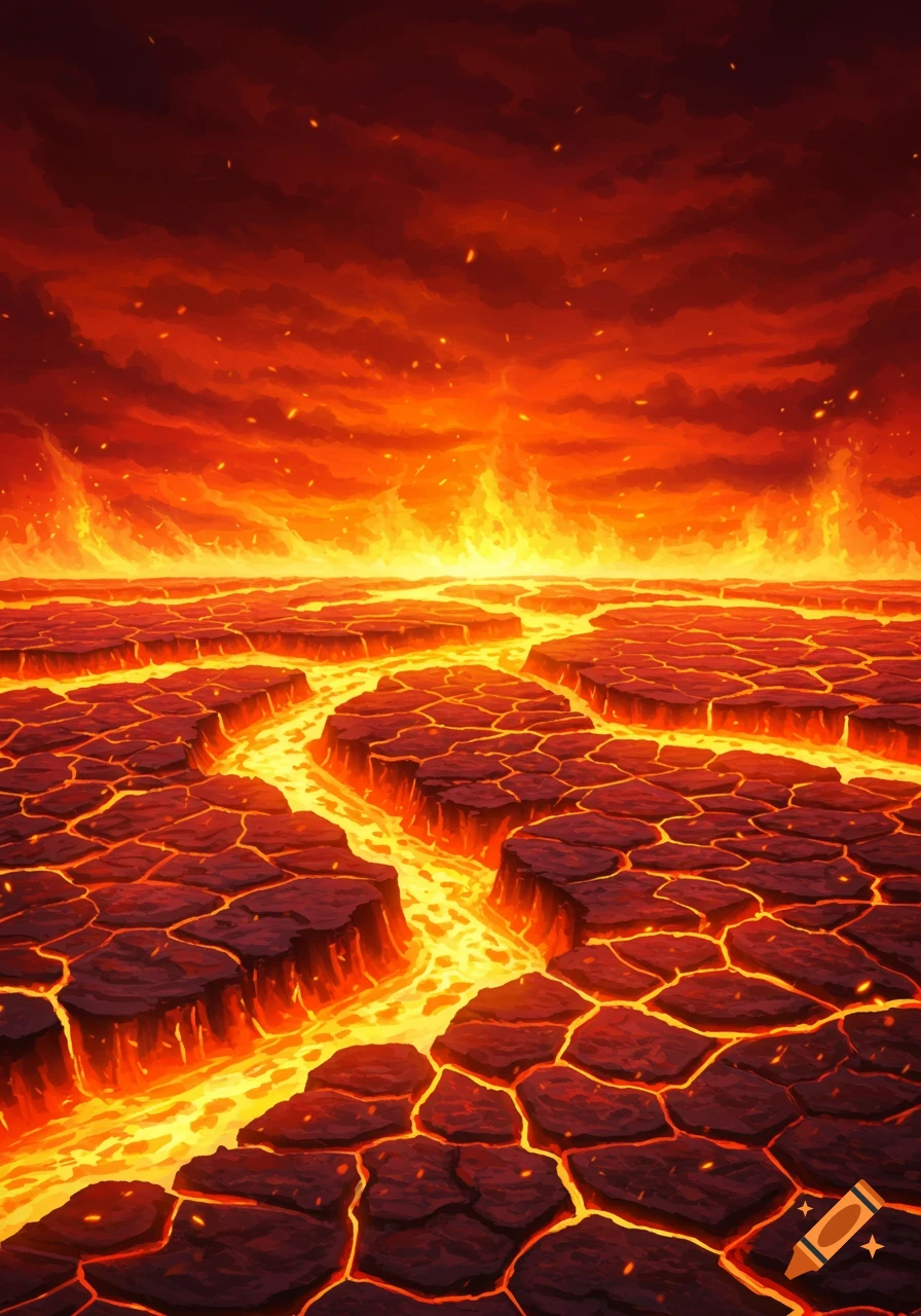 Digital painting of a cracked earth landscape with glowing lava rivers under a dramatic fiery red and orange sky.