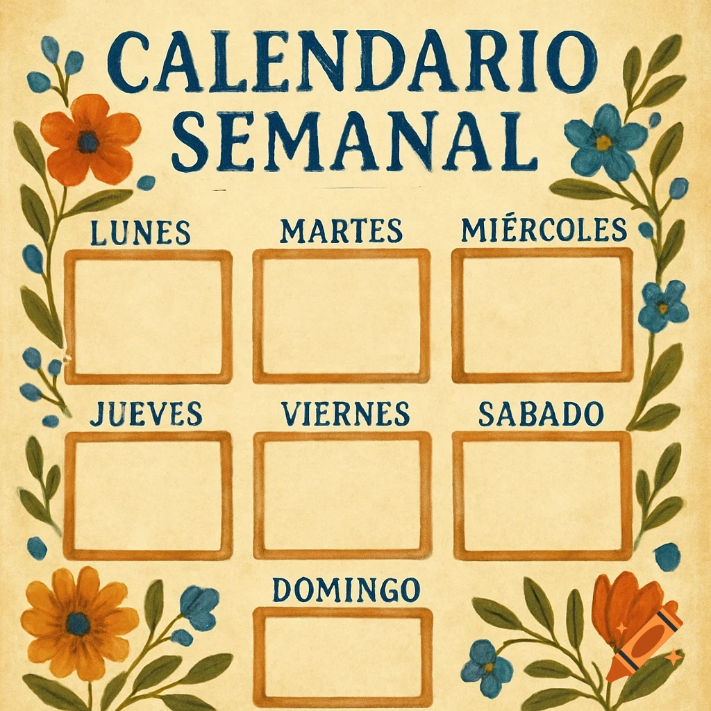 Weekly calendar template in Spanish with floral illustration.