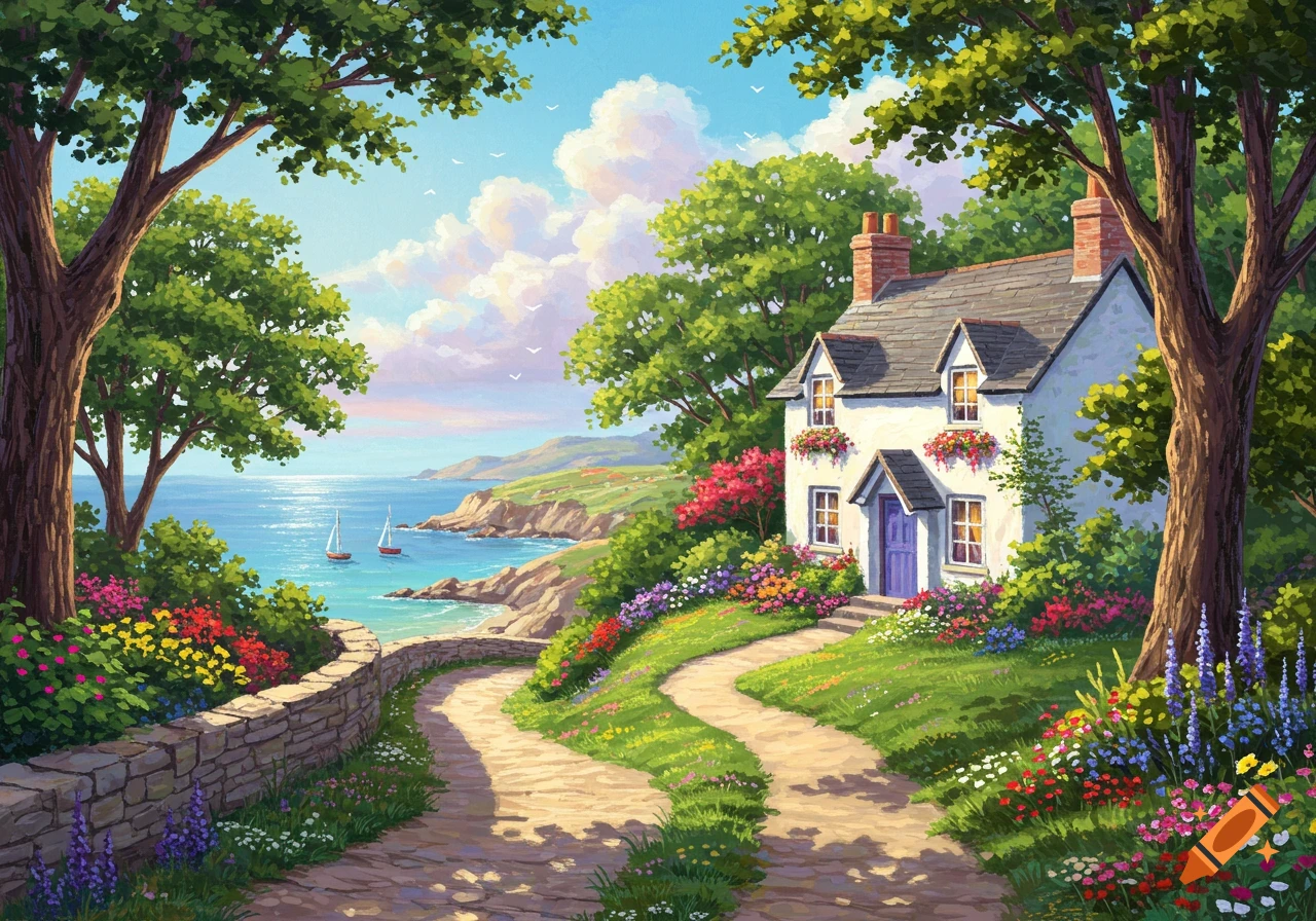 A charming white cottage by the sea, surrounded by flowers and trees, with a winding path.