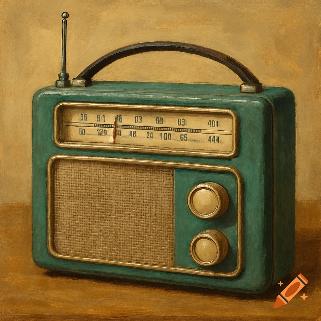 A painting of a green vintage portable radio.