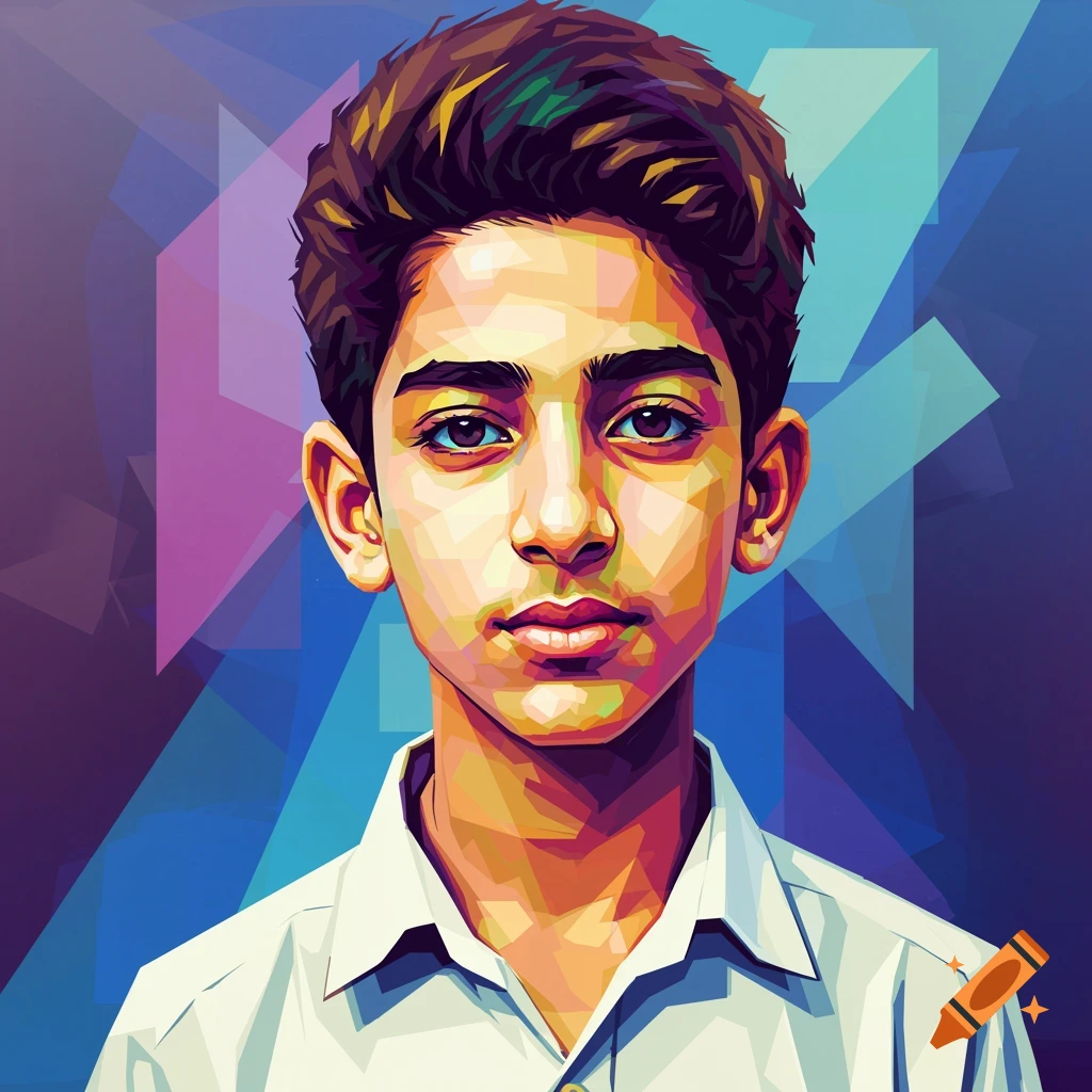 A block-colour geometric portrait of a young person wearing a white shirt against a colourful, geometric background.