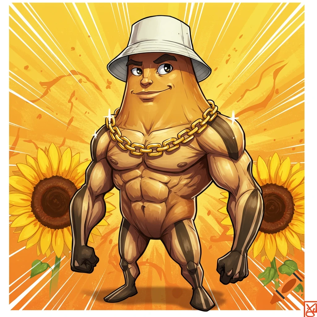 Cartoon illustration of a muscular sunflower seed character with a bucket hat and gold chain standing in front of sunflowers