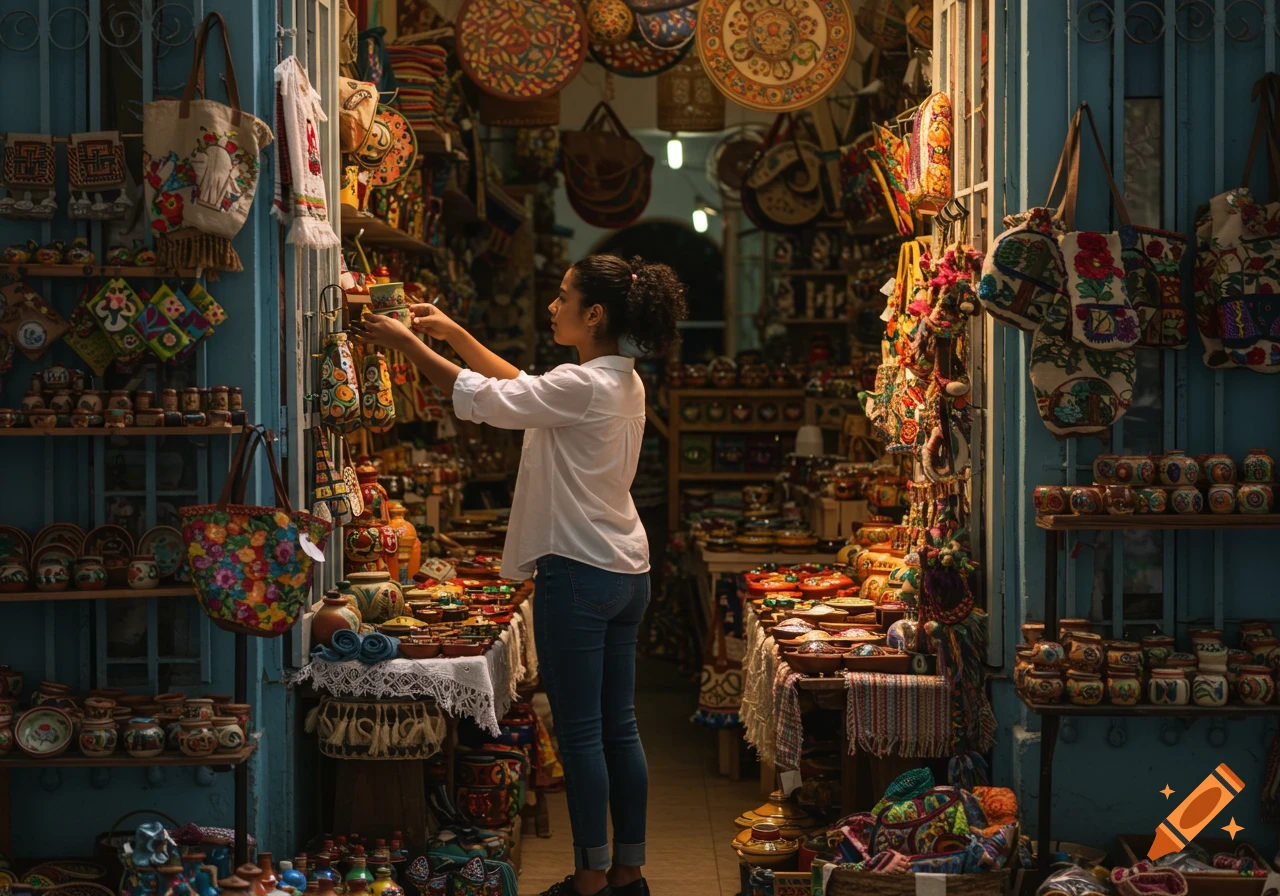 A woman arranges colorful crafts and bags in a bustling shop.