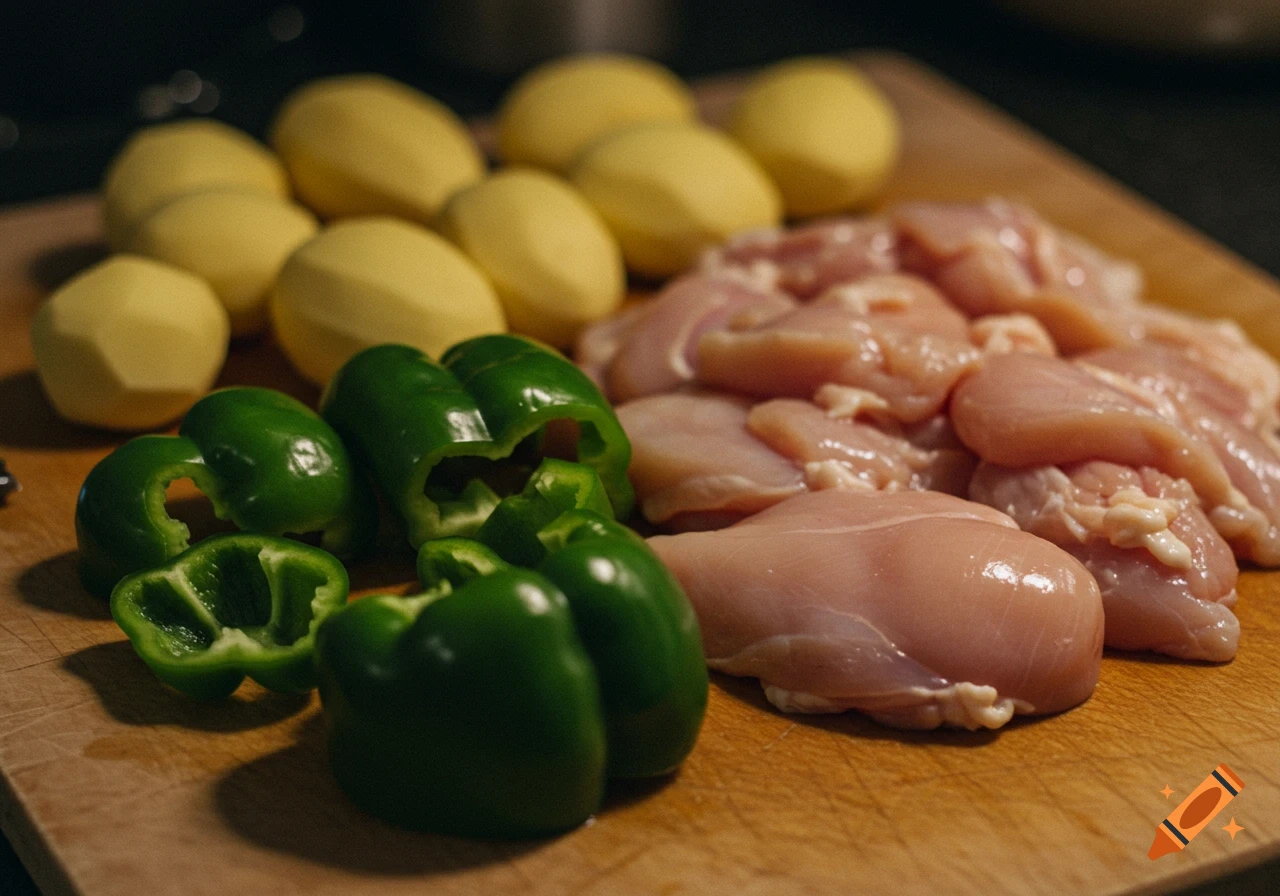 Raw chicken, green peppers, and peeled potatoes on a cutting board