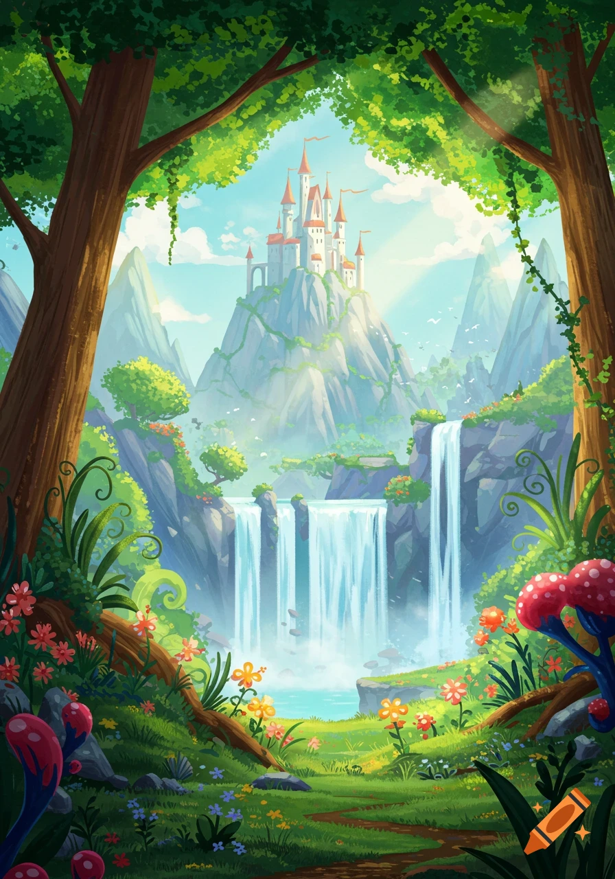 A bright fantasy illustration of a castle on a mountain with waterfalls ...