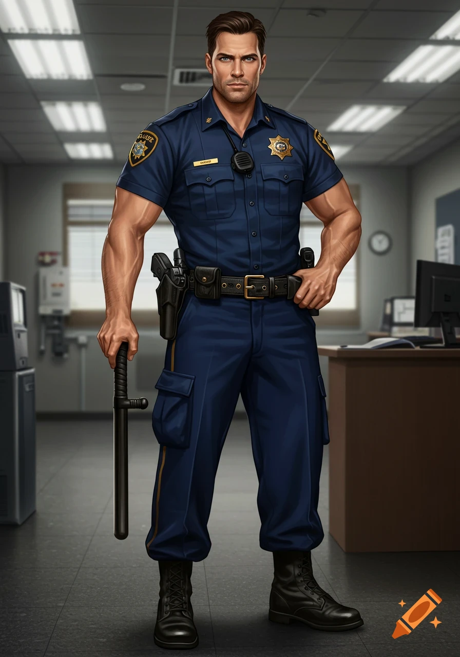 A muscular police officer in a dark blue uniform holds a baton in an office.