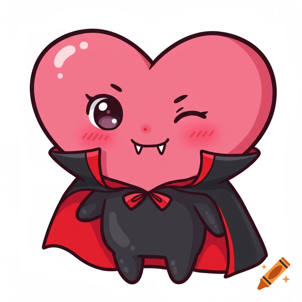 Cute cartoon heart character dressed as a vampire, winking.
