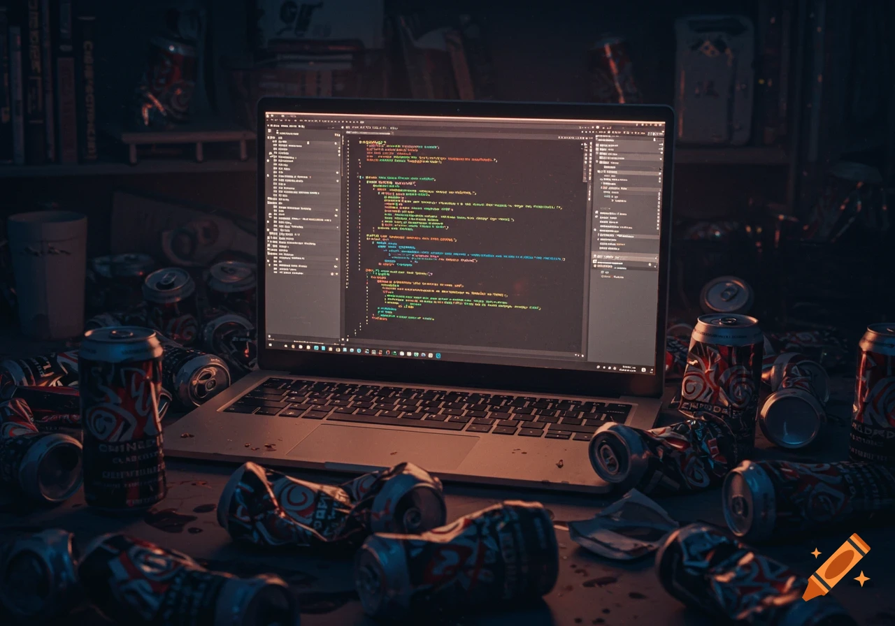 A laptop with code on screen sits on a messy desk surrounded by empty energy drink cans.