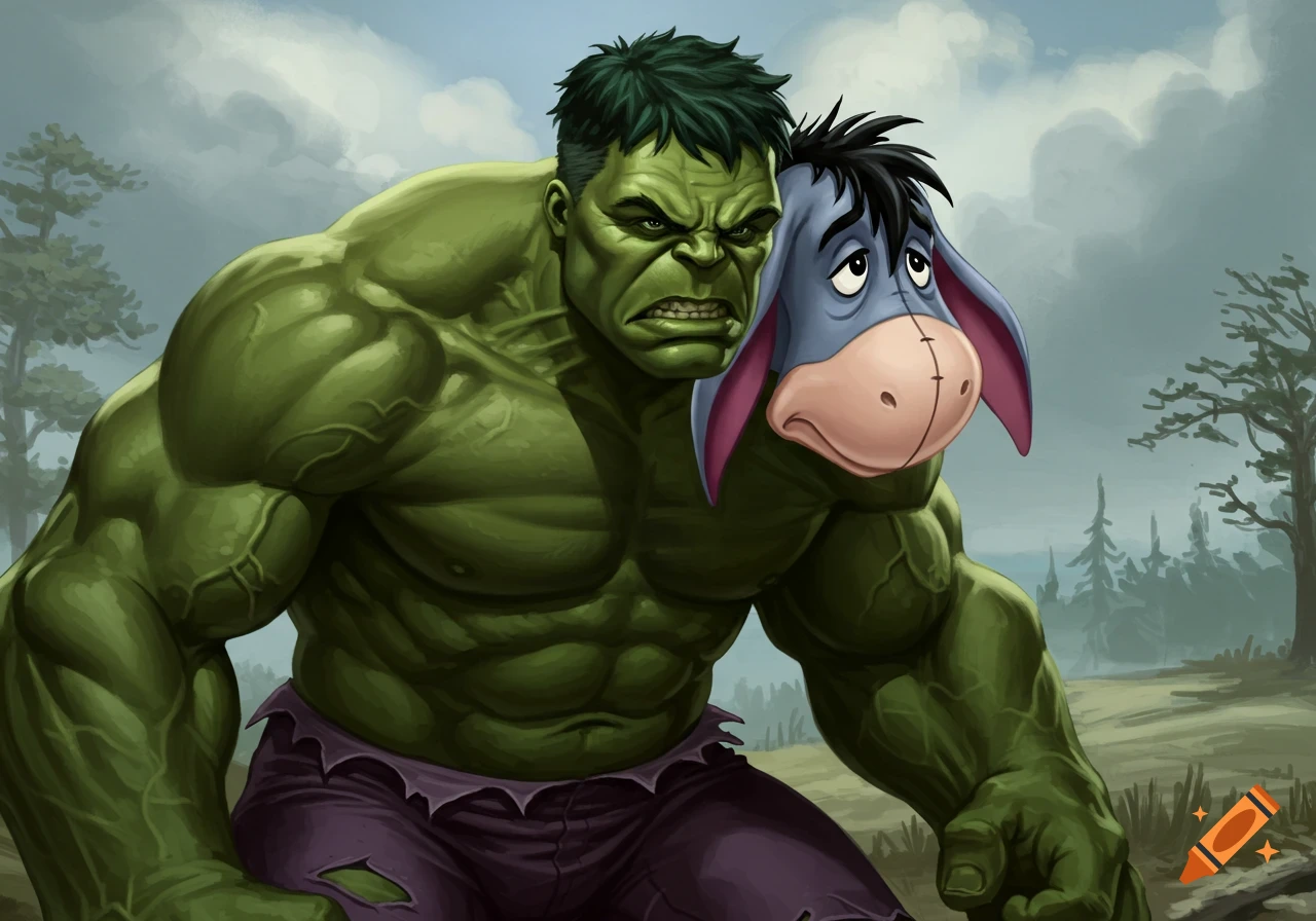 Mashup of the Hulk carrying Eeyore's head on his shoulder, painterly style.