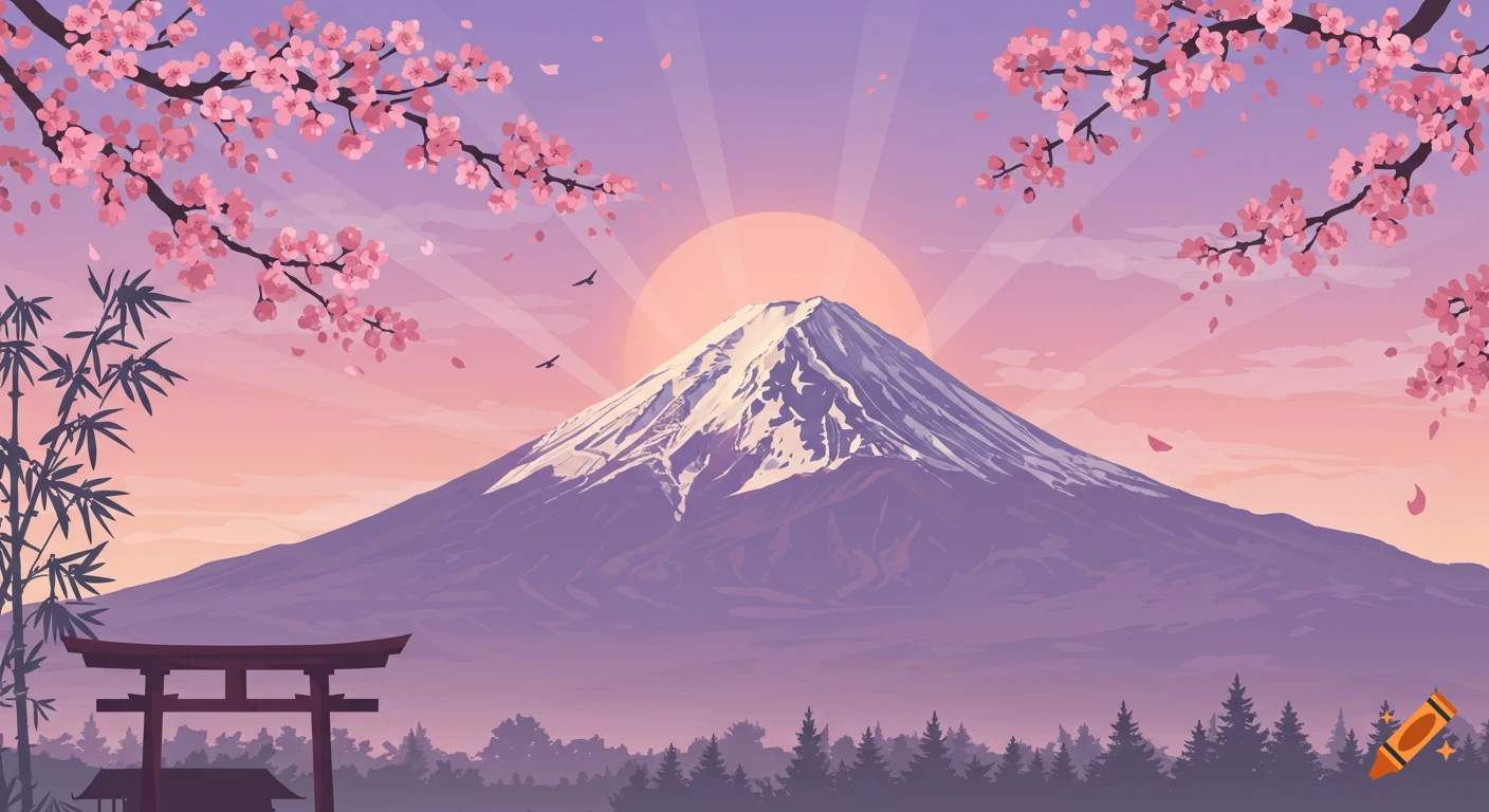 Stylized illustration of Mount Fuji at sunrise with cherry blossoms and a Torii gate.