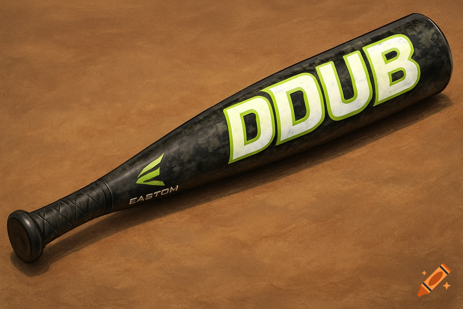 A black baseball bat with green and white text 'DDUB' and 'EASTON' on a brown surface.