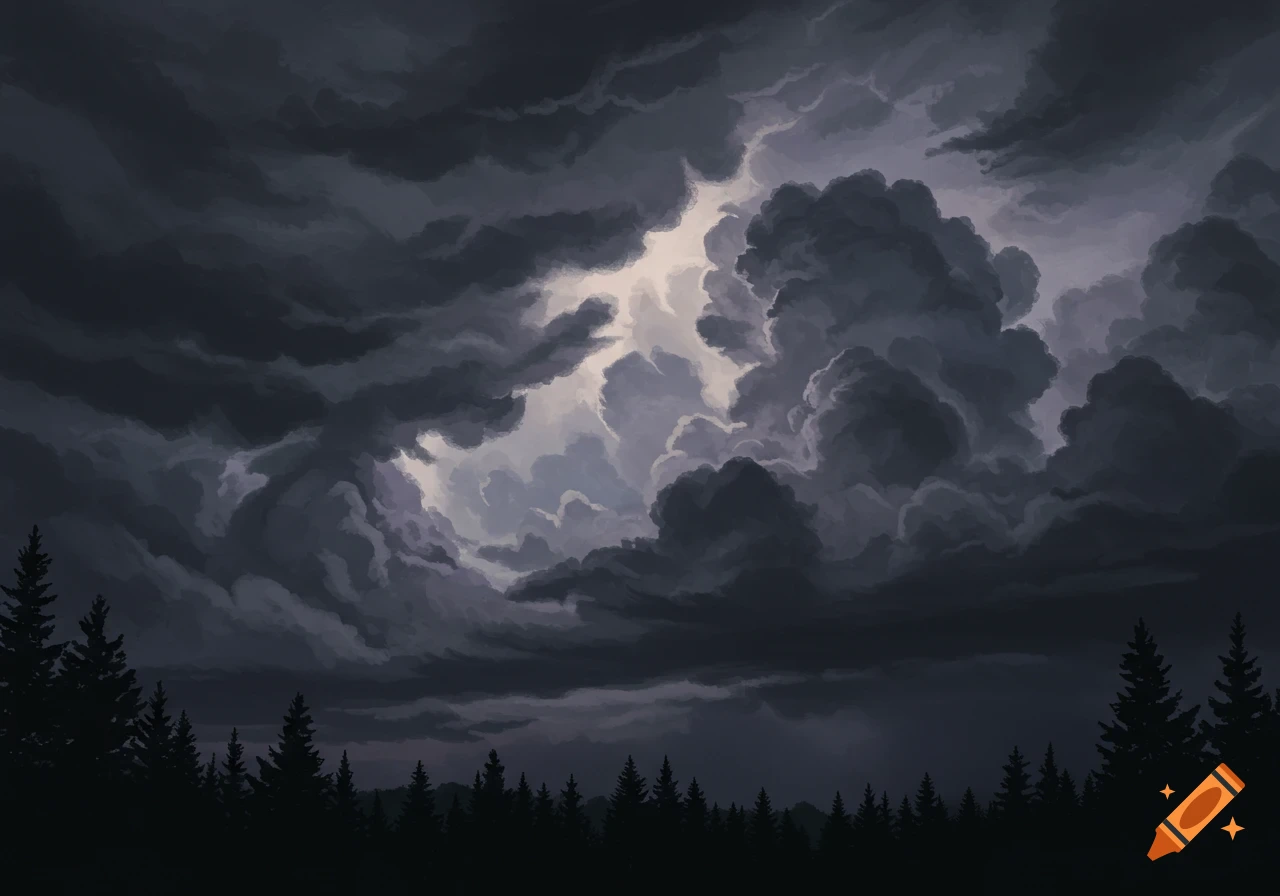 Dramatic dark storm clouds with light breaking through over a silhouetted forest.