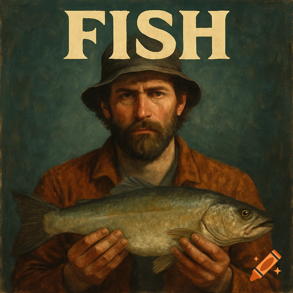 Painted portrait of a man in a hat holding a large fish, with the word FISH above him.
