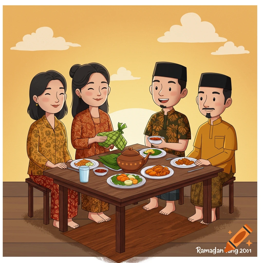 Illustration of a family eating a meal around a table.