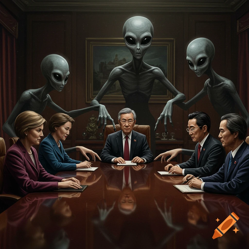Three gray aliens stand behind human figures at a conference table, seeming to control them in a dark room.
