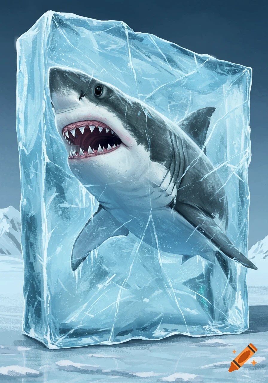 An illustration of a shark frozen inside a block of ice in an arctic landscape.