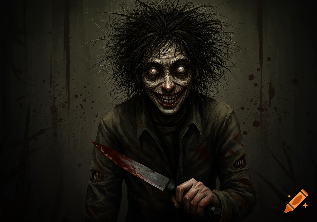 Creepy man with messy hair holding a bloody knife.