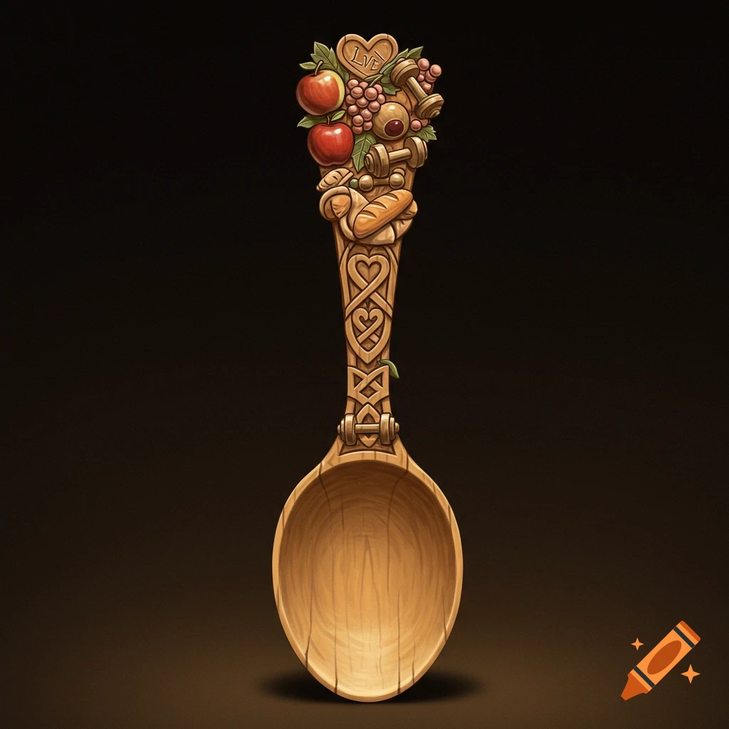 A carved wooden Welsh love spoon decorated with symbols of food, fitness, and Celtic knots.