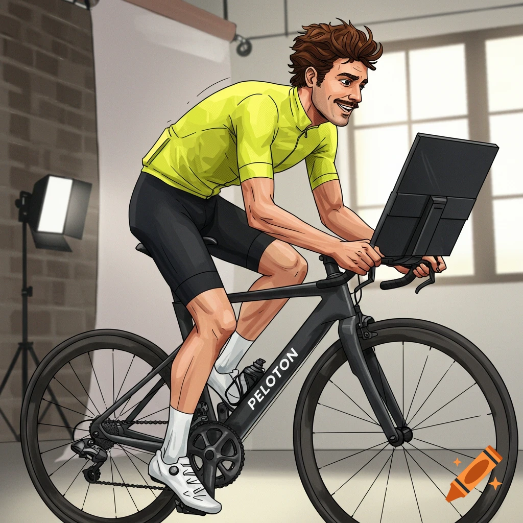 Illustration of a man with a mustache riding an indoor exercise bike.