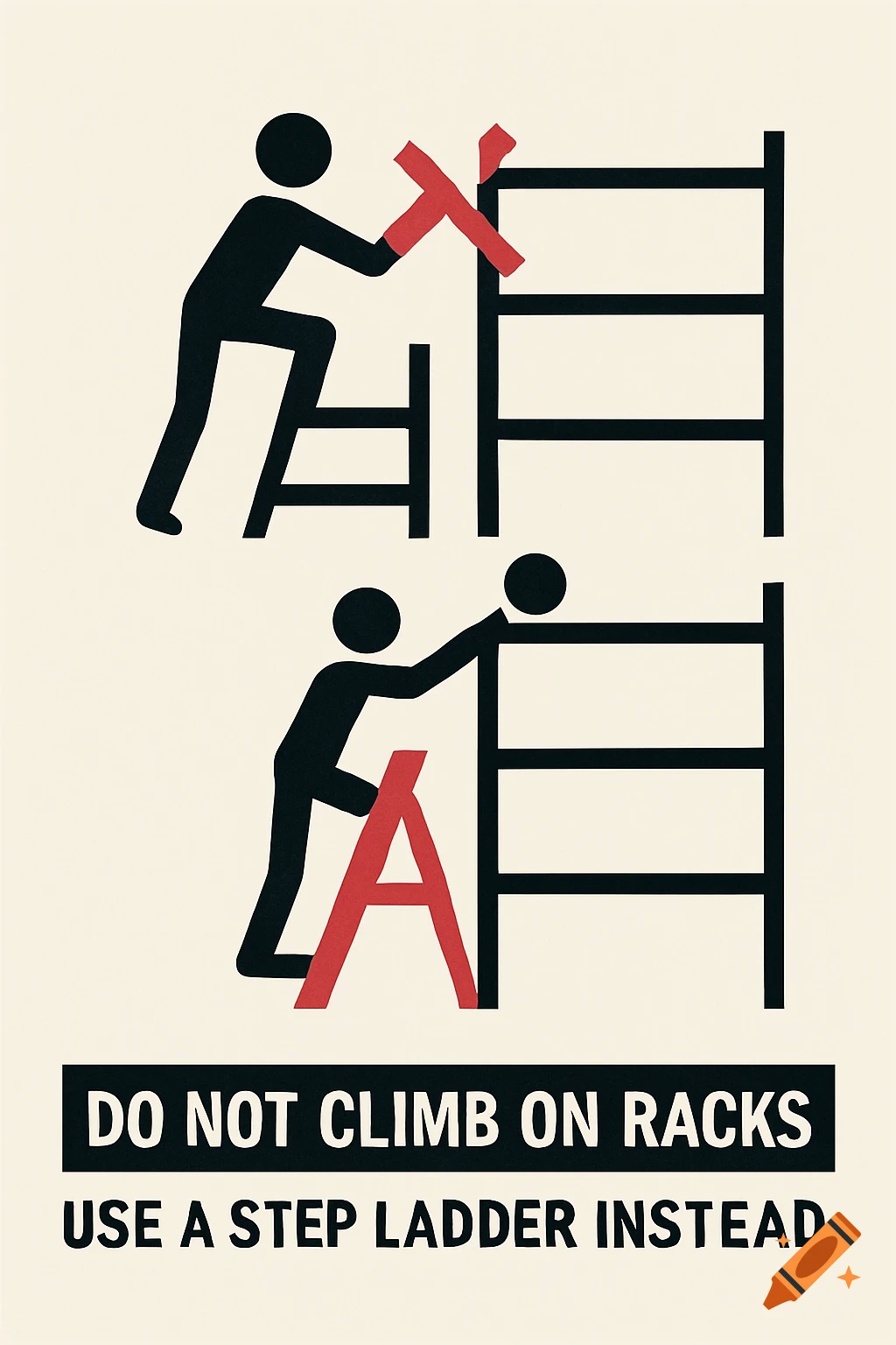 Minimalist safety poster shows person climbing rack with red X, and person using ladder with red A. Text: DO NOT CLIMB ON RACKS USE A STEP LADDER INSTEAD