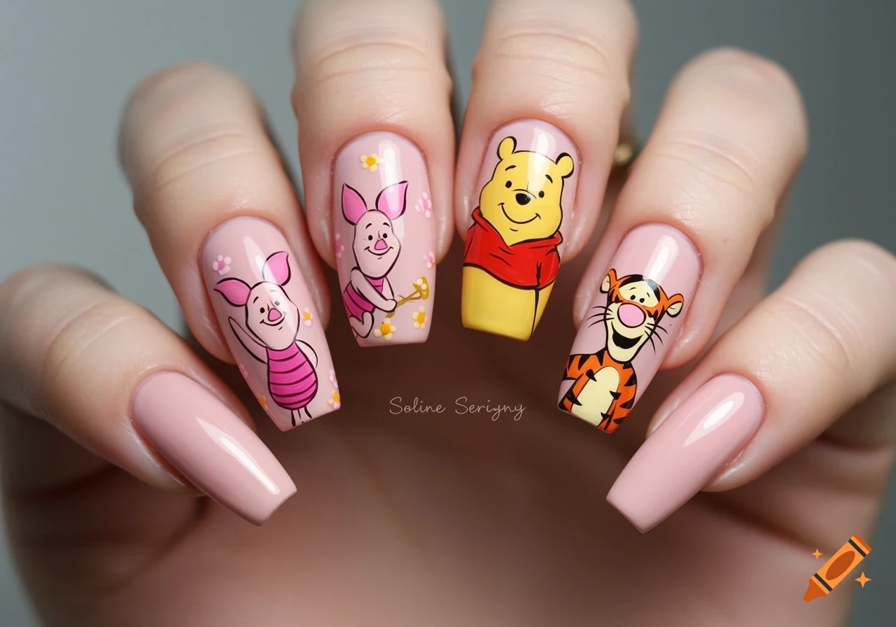 Pink acrylic nails decorated with Winnie the Pooh, Piglet, and Tigger characters.