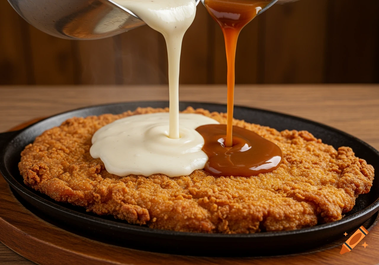 White and brown gravy being poured onto a chicken-fried steak in a skillet