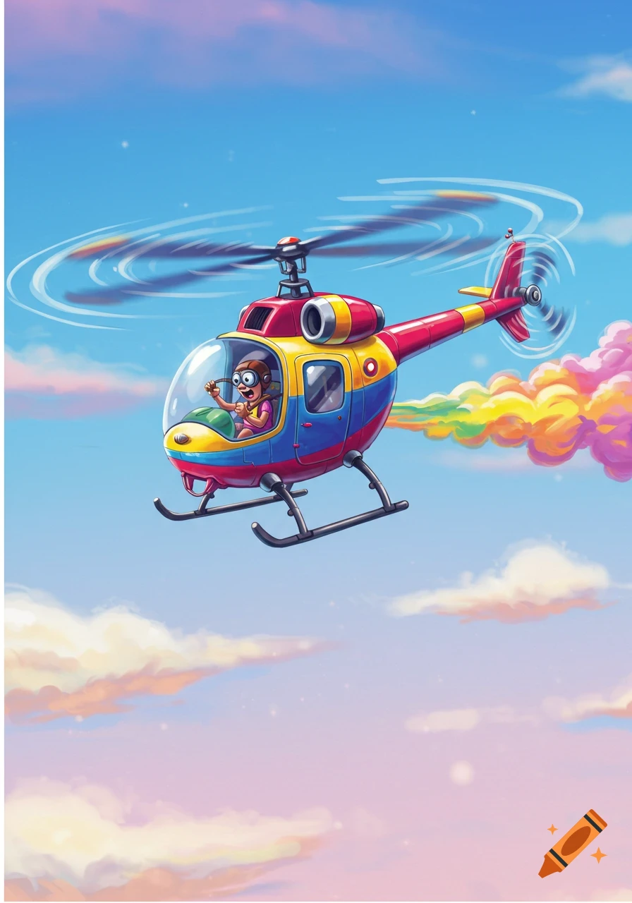 Cartoon person flies a colorful helicopter, leaving a rainbow trail through a cloudy sky.