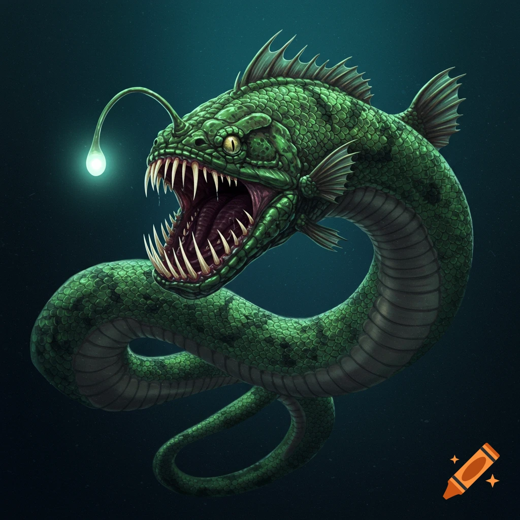 A fearsome creature combining a reticulated python and an anglerfish ...