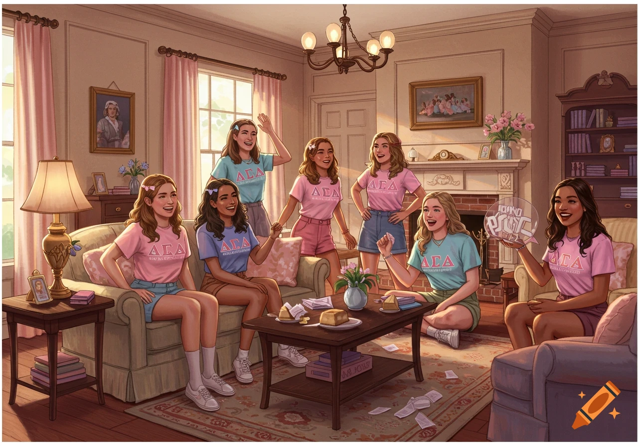 A group of smiling young women in a living room, wearing sorority t-shirts, gathered around a coffee table with cake. Illustration style.