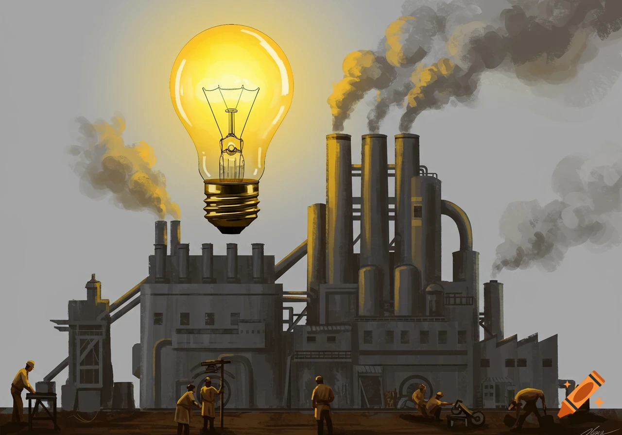 Light bulb illuminates a factory with smoke and workers in a painted style