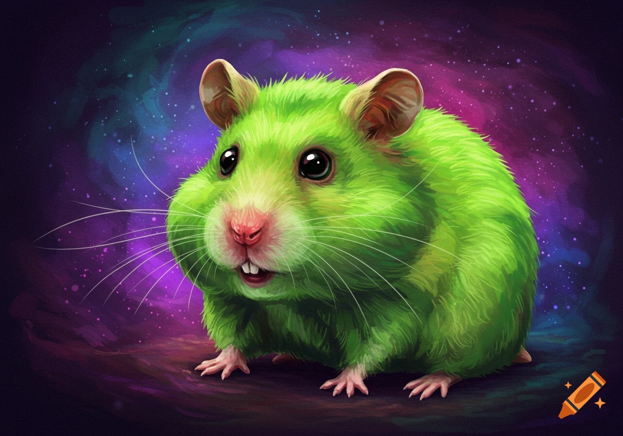 A green hamster with big eyes sits in front of a purple and blue space background. Digital illustration.