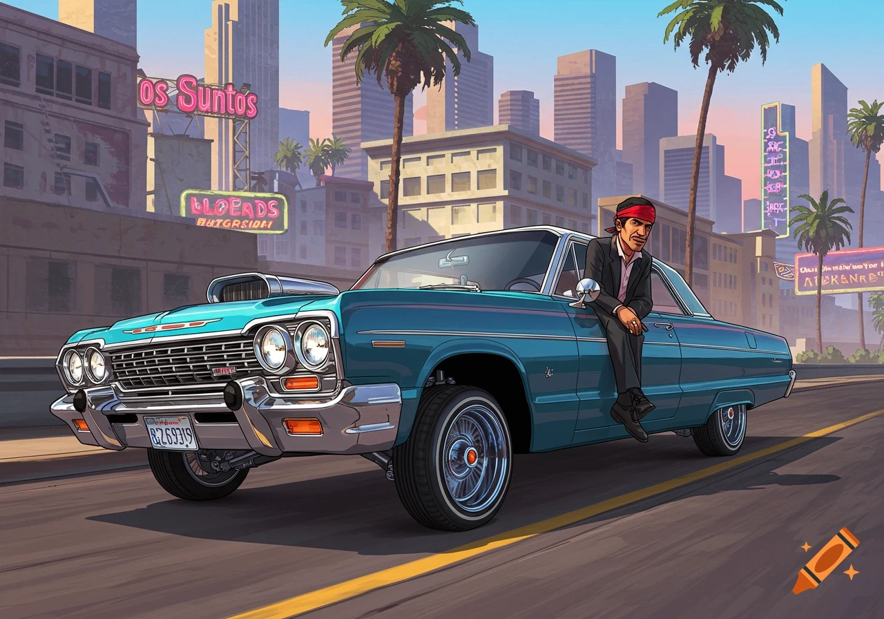 A man sits on a blue lowrider car in an urban scene with skyscrapers and palm trees in a stylized, GTA-like art style.
