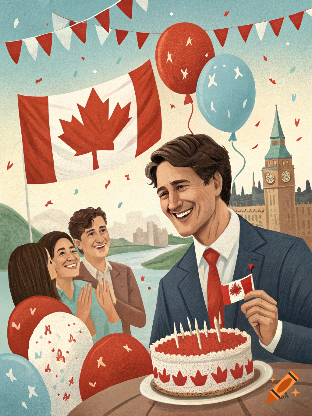 Illustration of a person resembling a Canadian politician celebrating a birthday with cake, balloons, and flag, Parliament Hill in background.