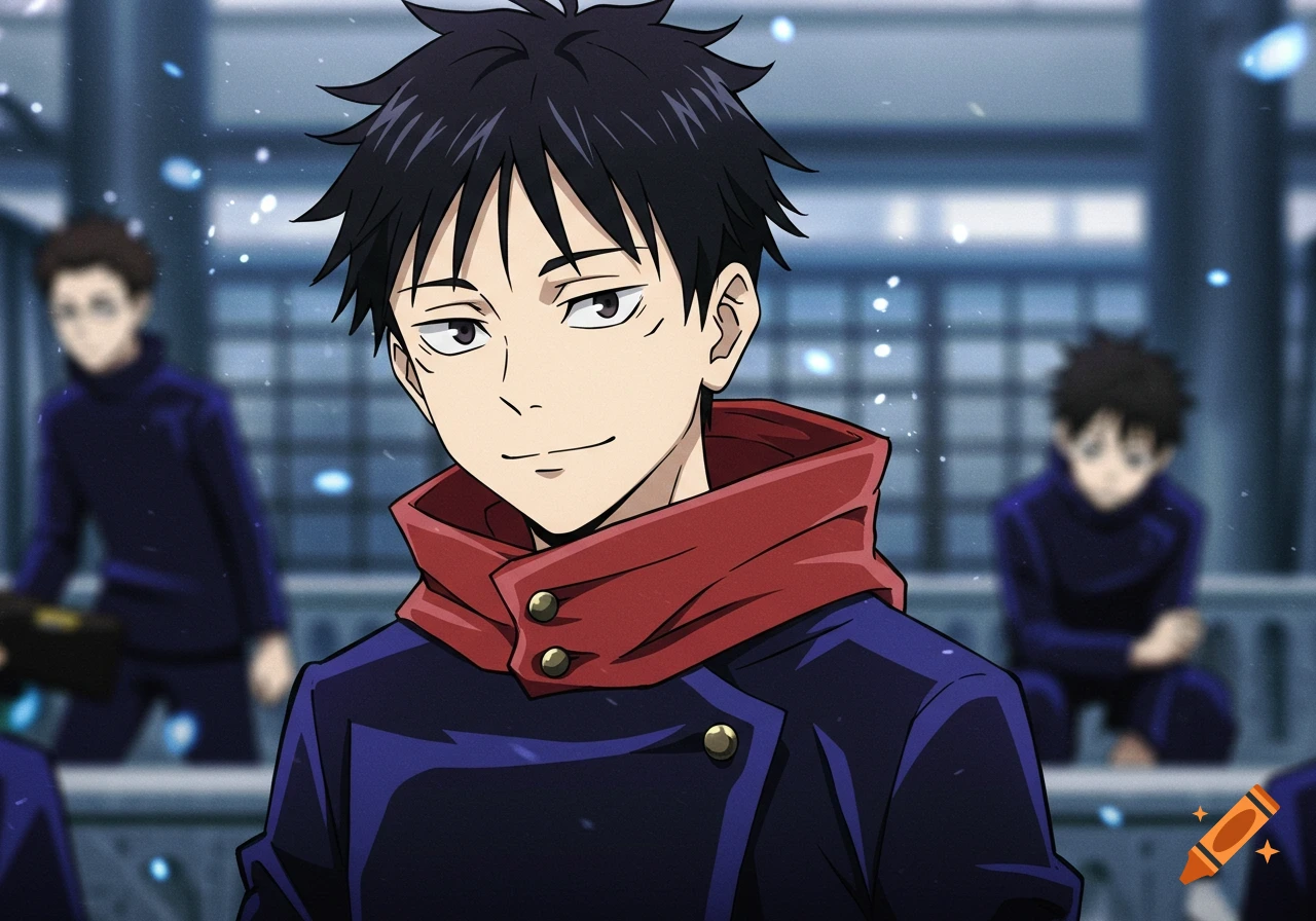 An anime character with dark hair and a red scarf smiles, standing in a blurred school hallway.