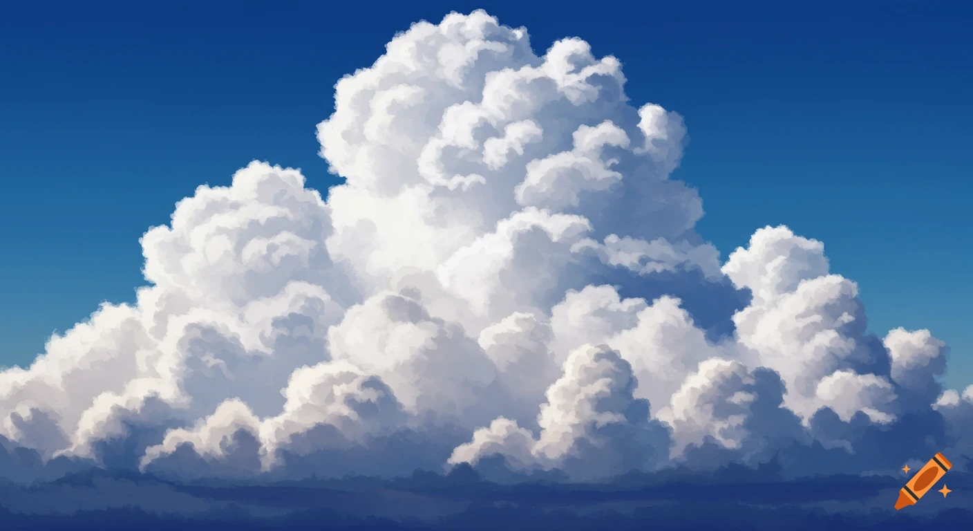 Large fluffy white clouds against a blue sky, digital painting style.