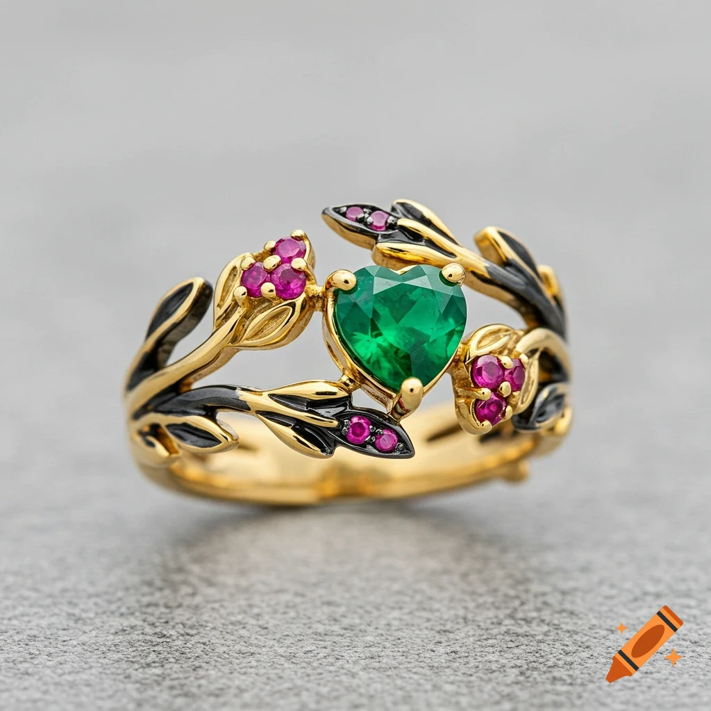 Gold ring with black vine band, heart emerald, and ruby buds.